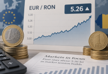 Euro a urcat, în premieră, la 5,279 lei