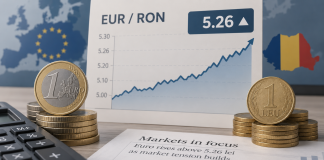 Euro a urcat, în premieră, la 5,279 lei