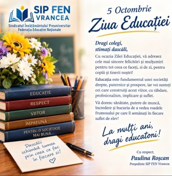 Paulina Roșcan, președinte SIP FEN Vrancea: La mulți ani cadrelor didactice!